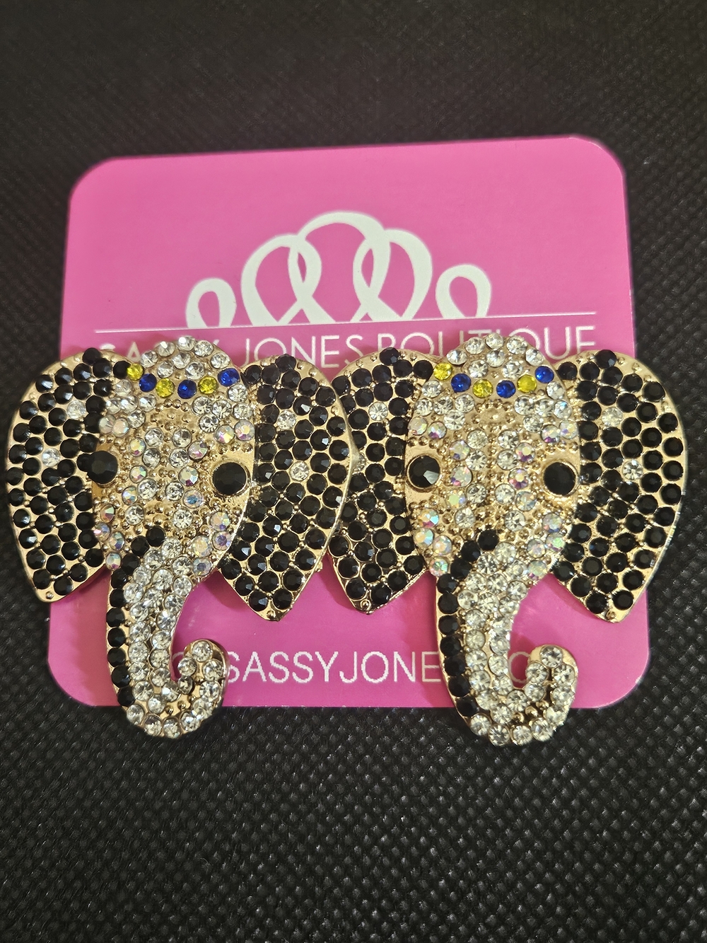 Sassy Jones Crystal Elephant Earrings - Black & Gold